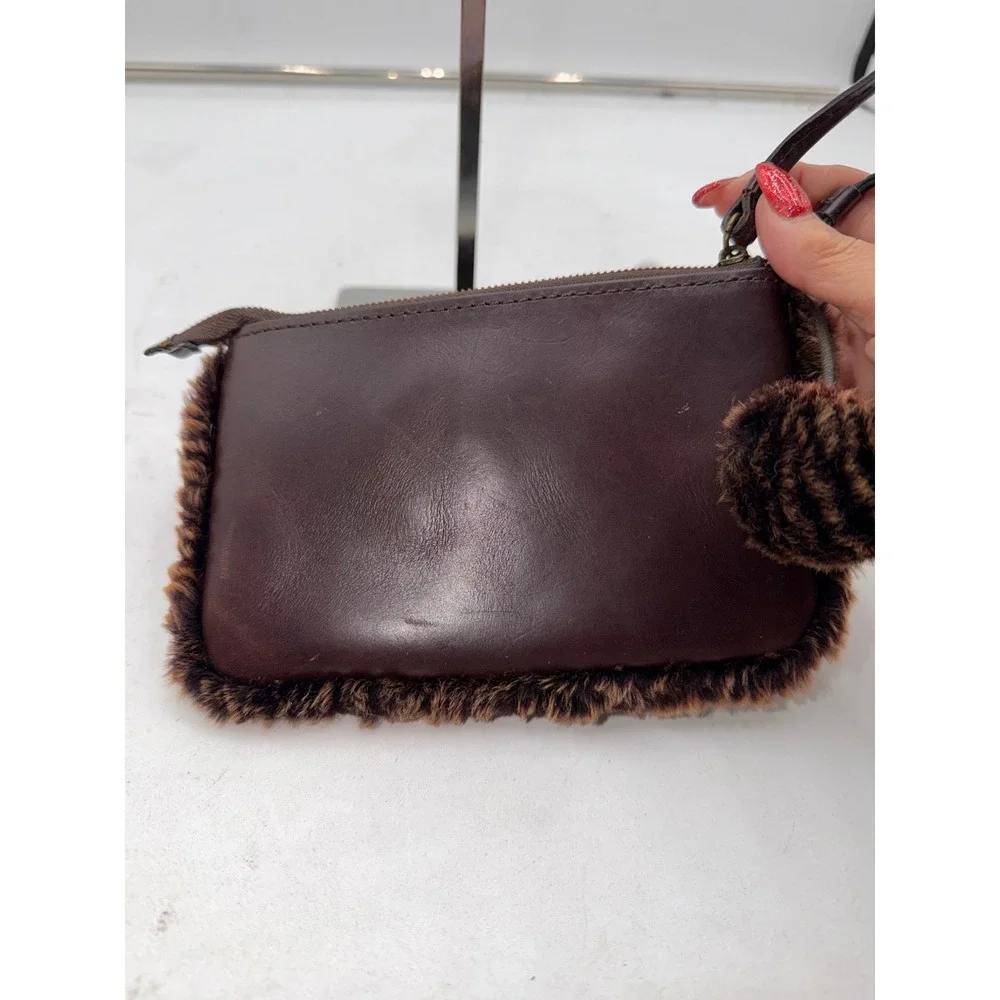 Patricia Nash Brown Italian Leather Faux Fur Trim Wristlet Pouch Pom Pom Charm